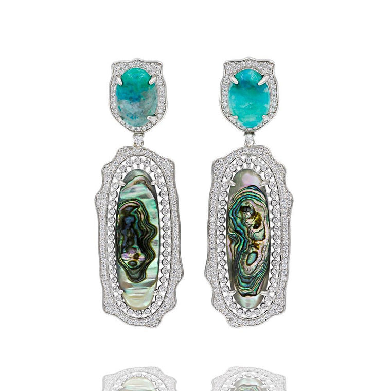 ER2011M STERLING SILVER 925 RHODIUM PLATED FINISH AMAZONITE ABALONE DROP LUXURY EARRINGS