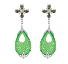 ER2013-G STERLING SILVER 925 RHODIUM PLATED FINISH GREEN JADE DROP FANCY EARRINGS