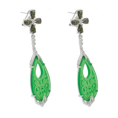 ER2013-G STERLING SILVER 925 RHODIUM PLATED FINISH GREEN JADE DROP FANCY EARRINGS