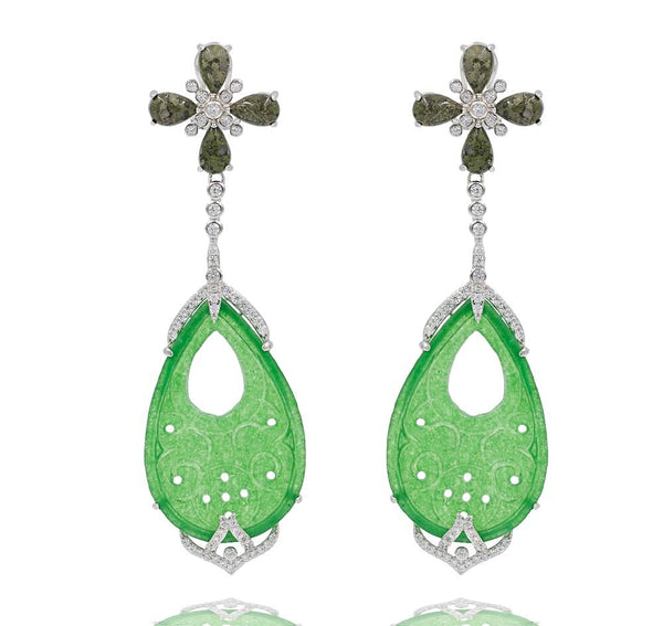 ER2013-G STERLING SILVER 925 RHODIUM PLATED FINISH GREEN JADE DROP FANCY EARRINGS