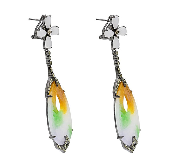 ER2013G-B STERLING SILVER 925 BLACK RHODIUM PLATED GREEN JADE DROP EARRINGS