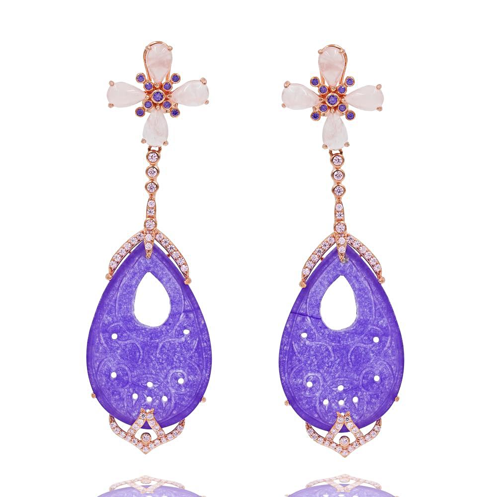 ER2013P-R STERLING SILVER 925 ROSE GOLD PLATED FINISH PURPLE JADE FANCY DROP EARRINGS