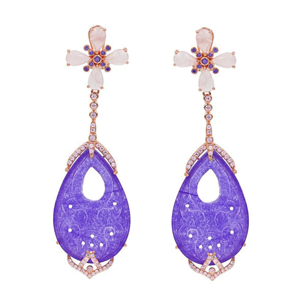 ER2013P-R STERLING SILVER 925 ROSE GOLD PLATED FINISH PURPLE JADE FANCY DROP EARRINGS