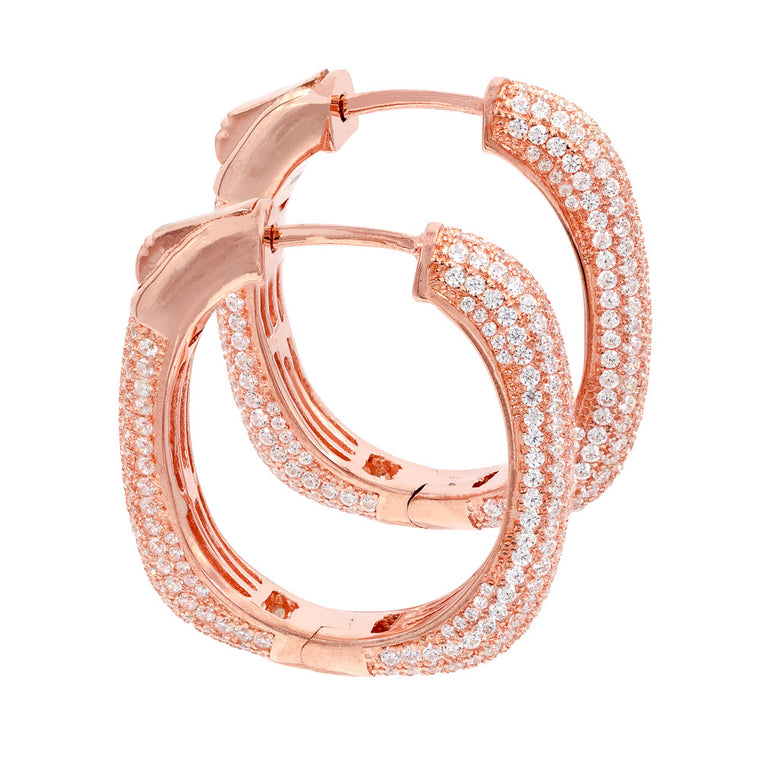ER2047W-R STERLING SILVER 925 ROSE GOLD PLATED CLEAR PAVE CZ HOOP EARRINGS 27 MM