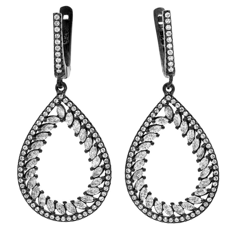 ER2113W-B STERLING SILVER 925 BLACK RHODIUM PLATED FINISH CLEAR WHITE CZ DROP EARRINGS