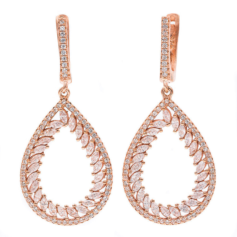 ER2113W-R STERLING SILVER 925 ROSE GOLD PLATED FINISH CLEAR WHITE CZ DROP EARRINGS