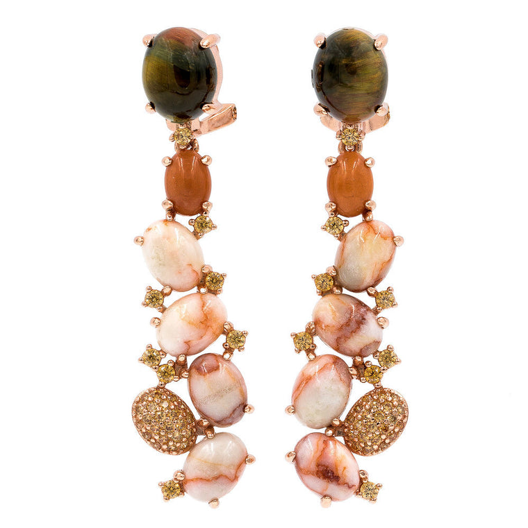 ER2149KG-R STERLING SILVER 925 ROSE GOLD PLATED TIGER EYE AGATE DROP EARRINGS