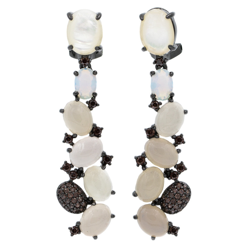 ER2149QF-B STERLING SILVER 925 BLACK RHODIUM PLATED MOP, AGATE AND OPALITE EARRINGS