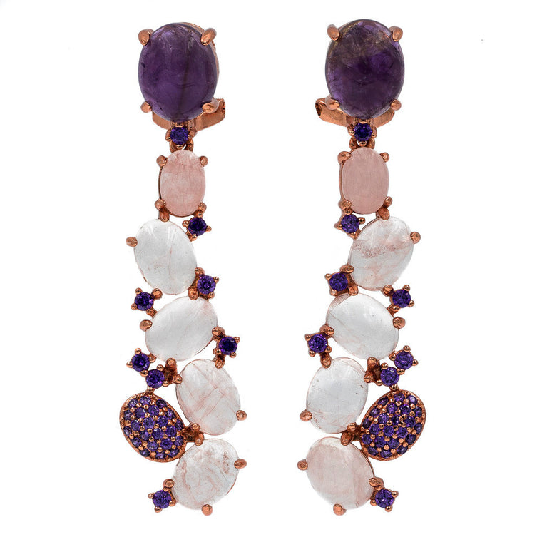 ER2149PI-R STERLING SILVER 925 ROSE GOLD PLATED AMETHYST ROSE QUARTZ DROP EARRINGS