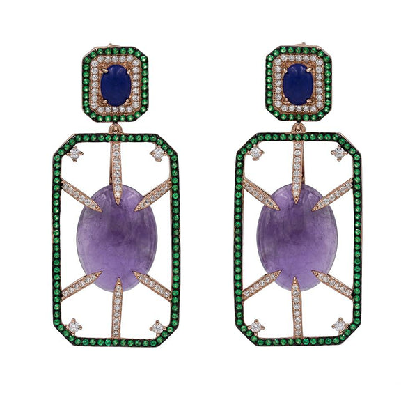 ER2151PN-R STERLING SILVER 925 ROSE GOLD PLATED AMETHYST AND LAPIS LAZULI DROP EARRINGS