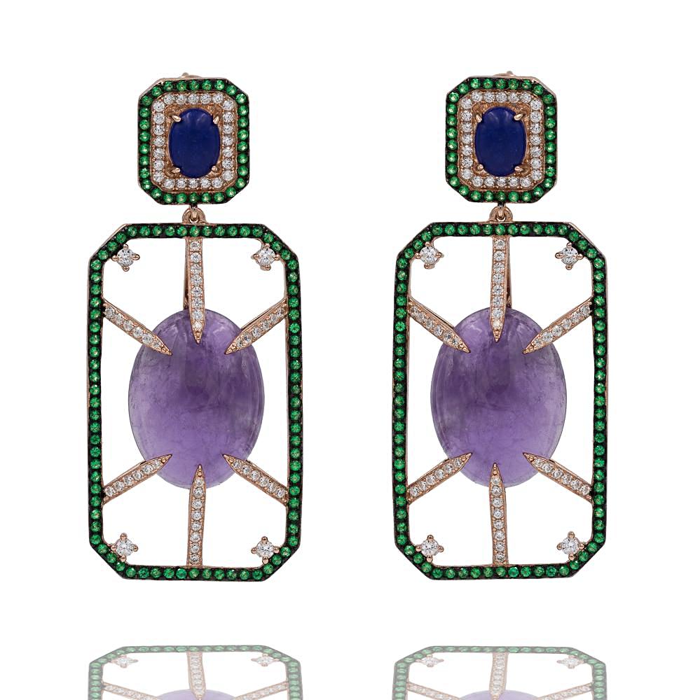 ER2151PN-R STERLING SILVER 925 ROSE GOLD PLATED AMETHYST AND LAPIS LAZULI DROP EARRINGS