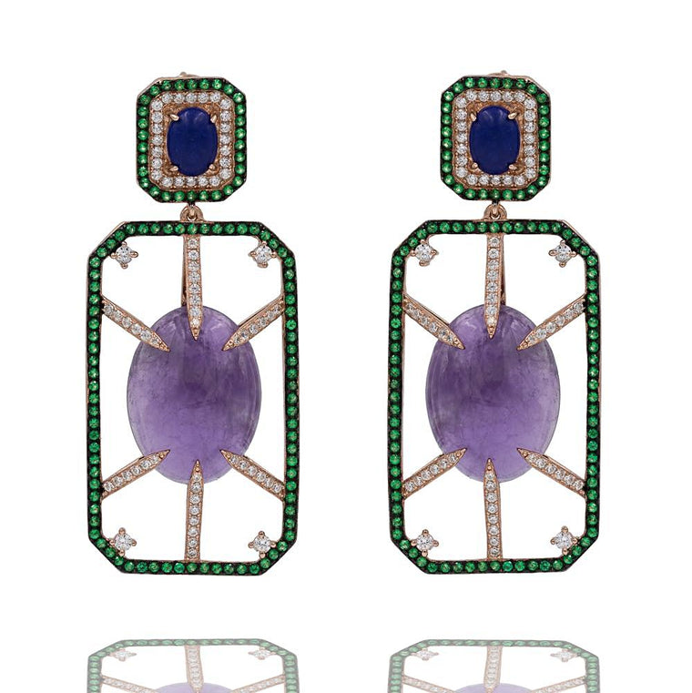 ER2151PN-R STERLING SILVER 925 ROSE GOLD PLATED FINISH AMETHYST AND LAPIS LAZULI DROP EARRINGS