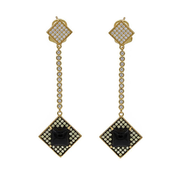 ER2153G-G STERLING SILVER 925 GOLD PLATED BLACK AGATE DROP EARRINGS