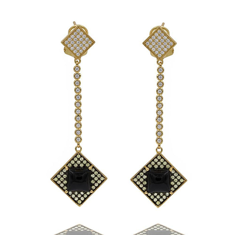 ER2153G-G STERLING SILVER 925 GOLD PLATED FINISH BLACK AGATE DROP EARRINGS