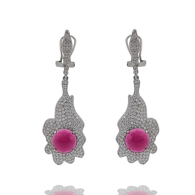 ER2157R STERLING SILVER 925 RHODIUM PLATED RUBY CZ COLOR  DROP EARRINGS