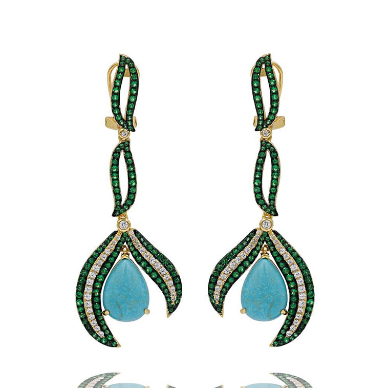 ER2158D-G STERLING SILVER 925 GOLD PLATED TURQUOISE DROP EARRINGS