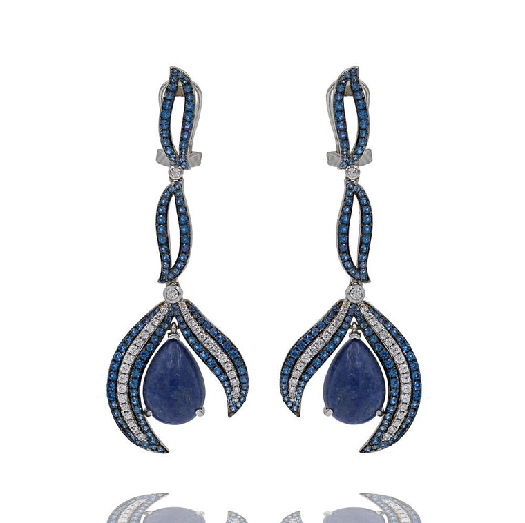 ER2158N STERLING SILVER 925 RHODIUM PLATED FINISH SODALITE DROP FANCY EARRINGS