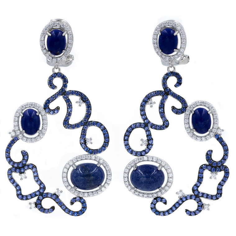 ER2161N STERLING SILVER 925 RHODIUM PLATED FINISH JADE AND LAPIS LAZULI  FANCY DROP EARRINGS
