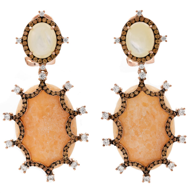 ER2165K-R STERLING SILVER 925 ROSE GOLD PLATED FINISH MOP AND PEACH AGATE FANCY DROP EARRINGS
