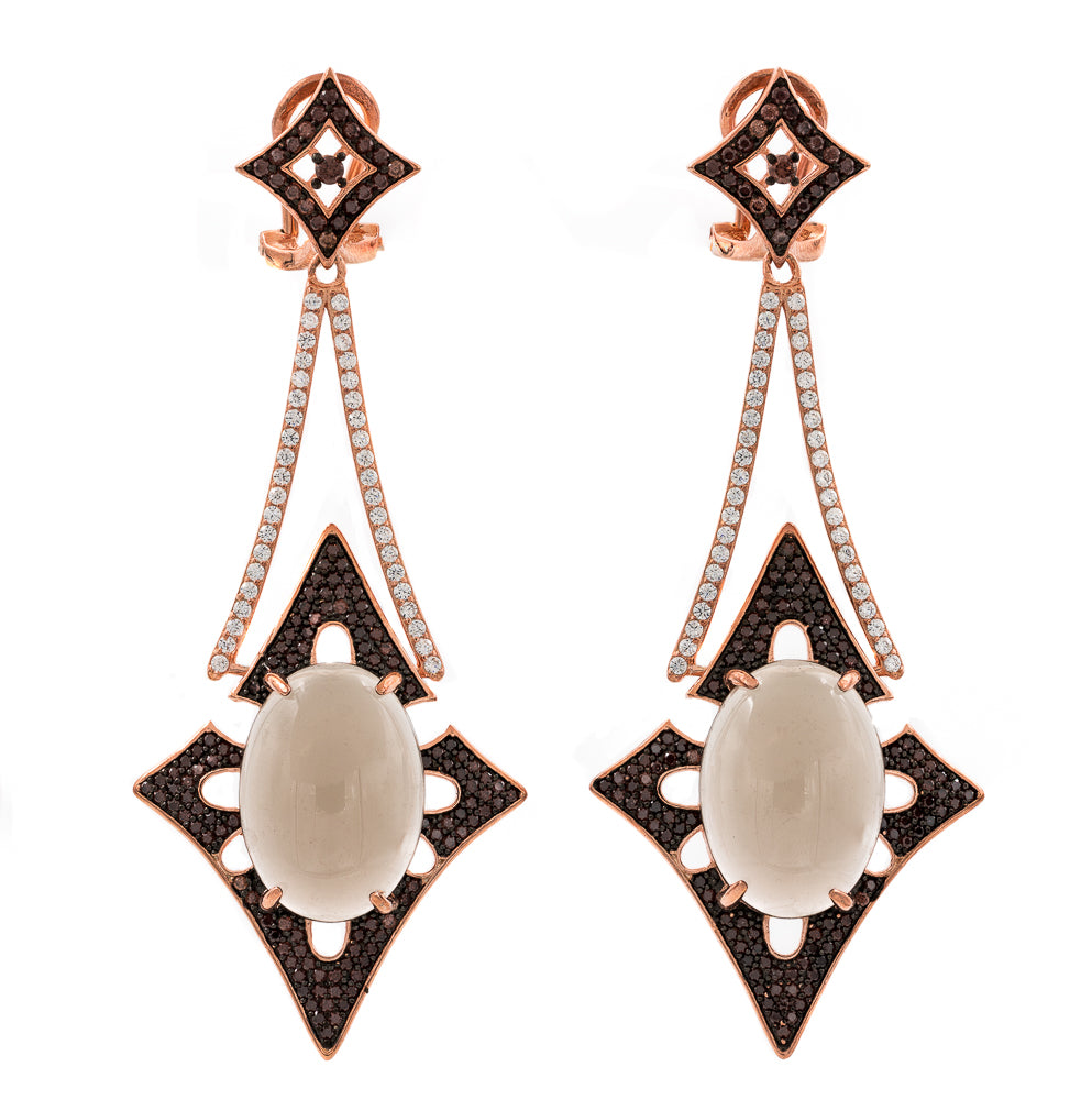 ER2168F-R STERLING SILVER 925 ROSE GOLD PLATED  SMOKY QUARTZ NATURAL STONE FANCY DROP EARRINGS