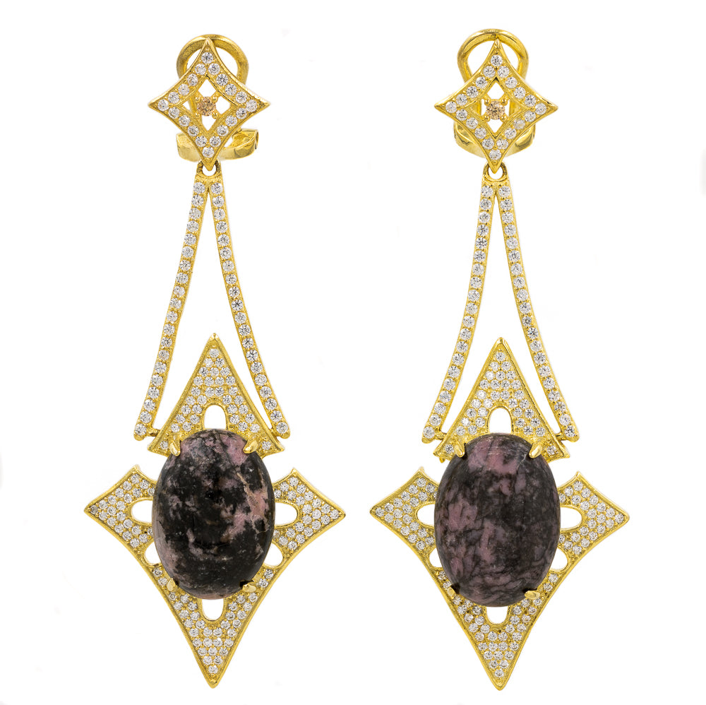 ER2168I-G STERLING SILVER 925 GOLD PLATED FINISH RHODONITE NATURAL STONE FANCY DROP EARRINGS