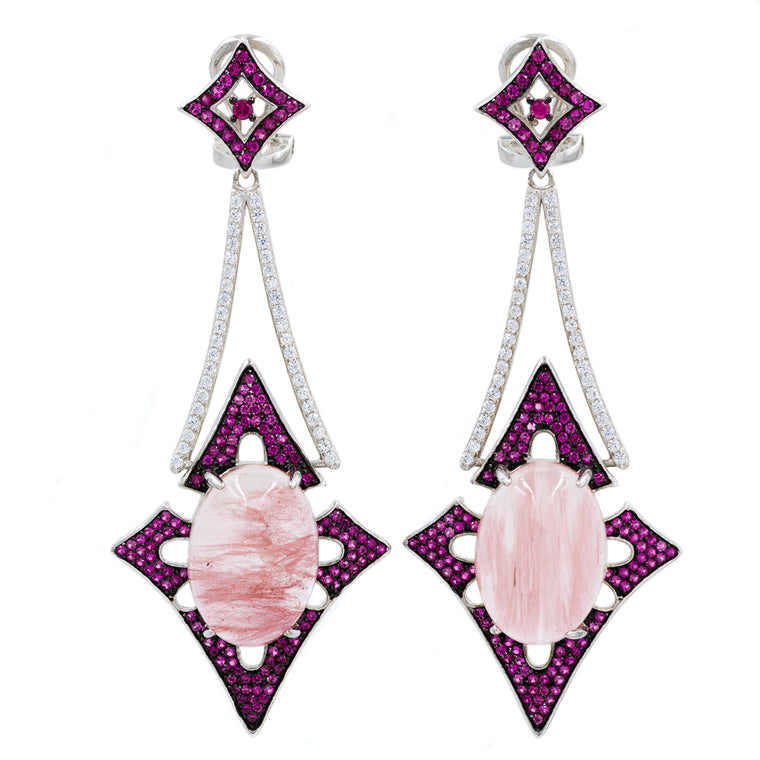 ER2168IR STERLING SILVER 925 RHODIUM PLATED FINISH CHERRY QUARTZ NATURAL STONE FANCY DROP EARRINGS