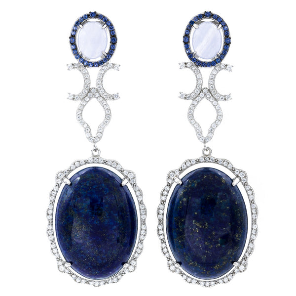 ER2169NT STERLING SILVER 925 RHODIUM PLATED BLUE LACE AGATE AND LAPIS LAZULI FANCY DROP EARRINGS