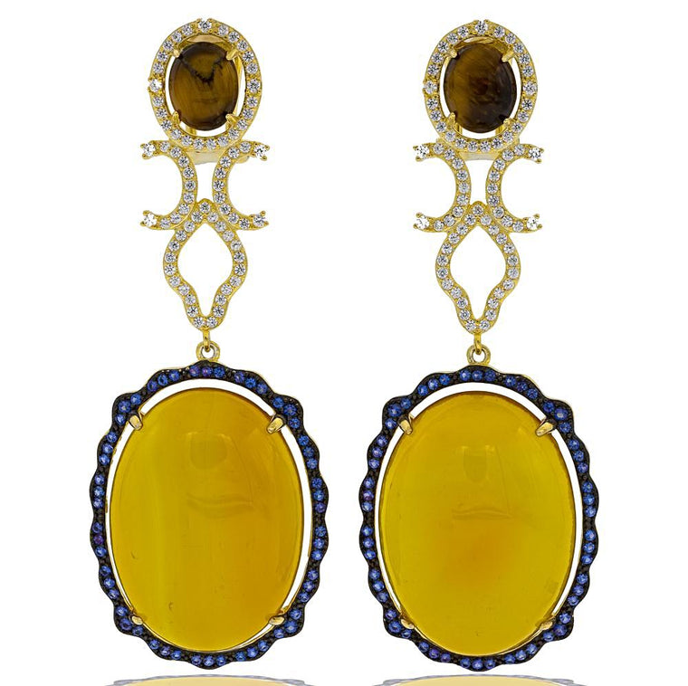 ER2169YN-G STERLING SILVER 925 ROSE GOLD PLATED YELLOW AGATE AND TIGER EYE DROP EARRINGS