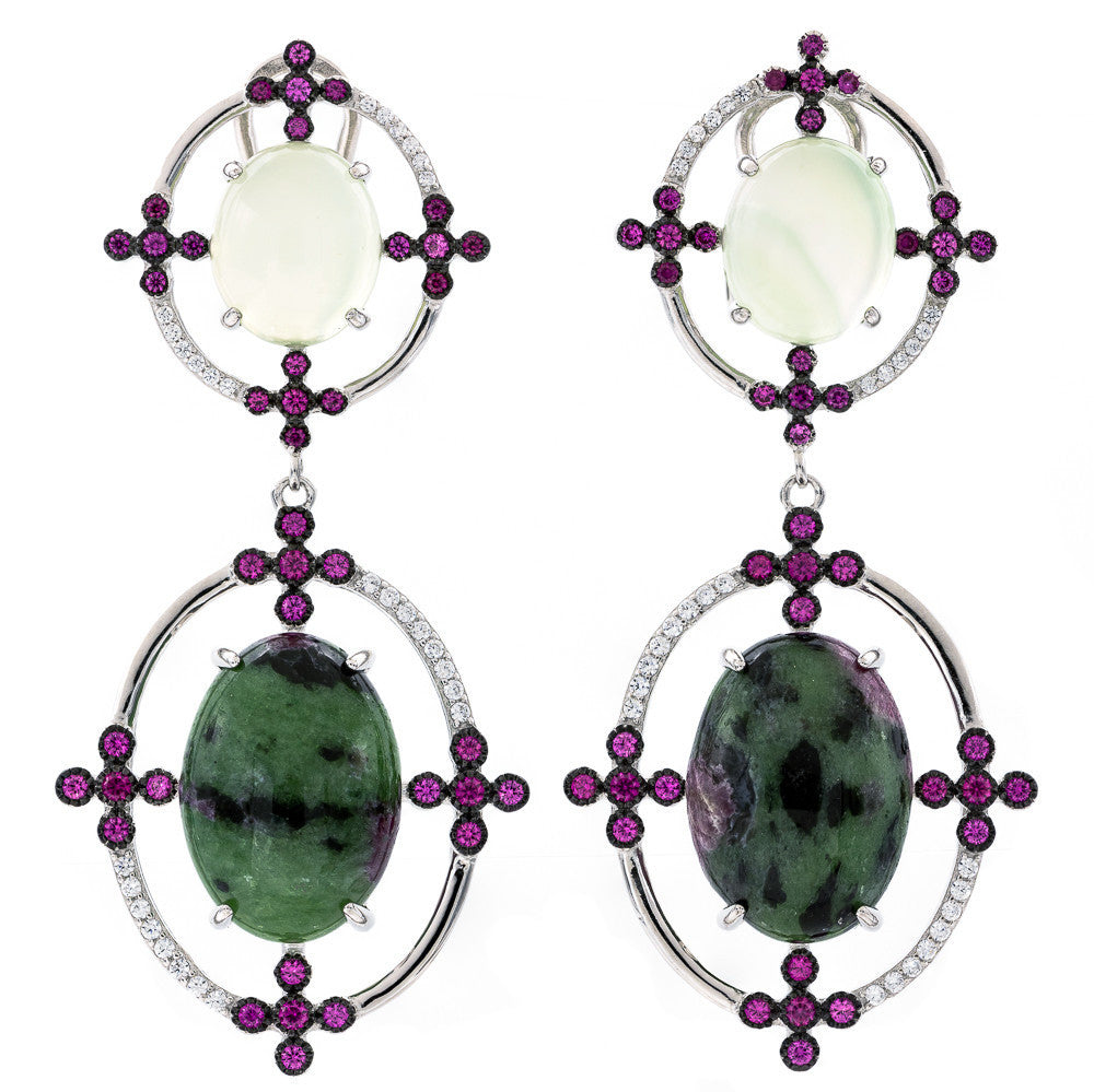 ER2171GR STERLING SILVER 925 RHODIUM PLATED FINISH AGATE AND EPIDOTE FANCY DROP EARRINGS