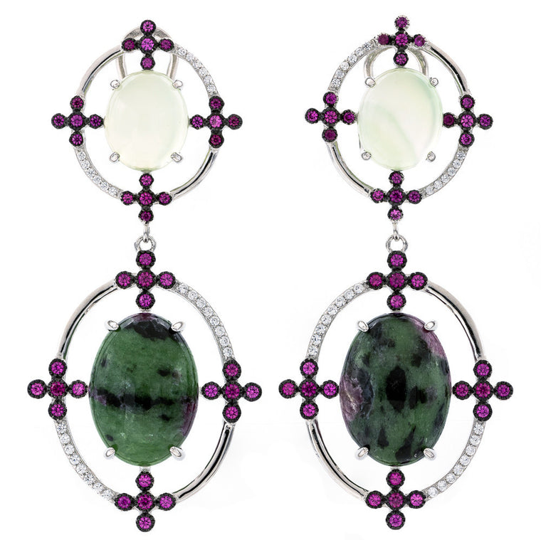 ER2171GR STERLING SILVER 925 RHODIUM PLATED FINISH AGATE AND EPIDOTE FANCY DROP EARRINGS
