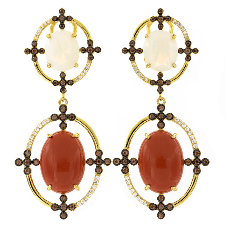 ER2171KQ-G STERLING SILVER 925 GOLD PLATED FINISH OPALINE AND SEA RED SHELL FANCY DROP EARRINGS