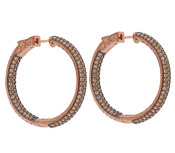 ER2175C-R STERLING SILVER 925 ROSE GOLD PLATED FINISH CHAMPAGNE CZ HOOP EARRINGS 36 MM