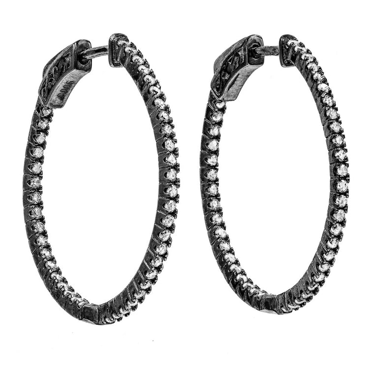 ER2182W-B STERLING SILVER 925 BLACK RHODIUM PLATED WHITE CZ HOOP EARRINGS 28 MM