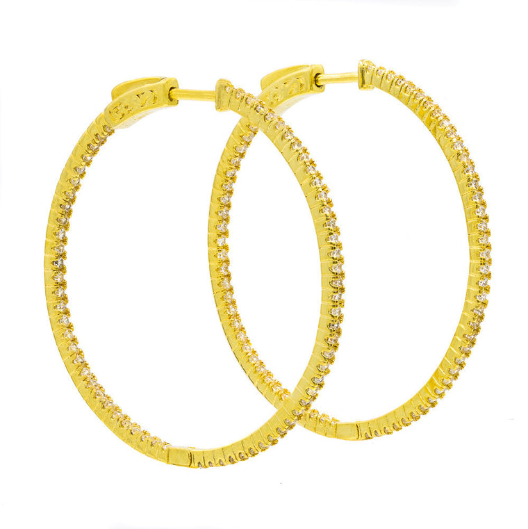 ER2183W-G STERLING SILVER 925 GOLD PLATED FINISH WHITE CZ HOOP EARRINGS 41 MM