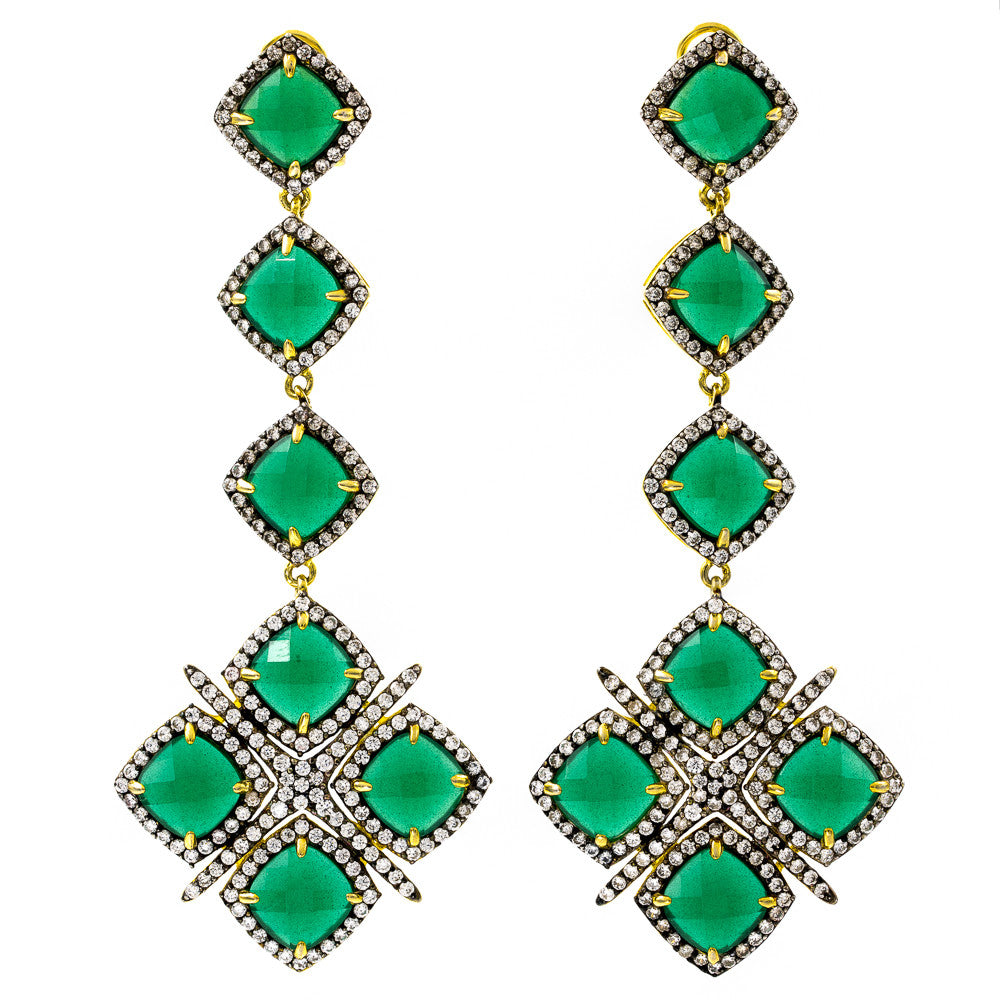 ER2201G-G STERLING SILVER 925 GOLD PLATED FINISH GREEN JADE FANCY DROP EARRINGS