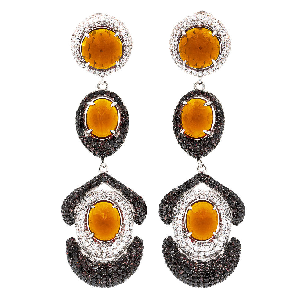 ER2202F STERLING SILVER 925 RHODIUM PLATED FACETED CITRINE CRYSTALS DROP EARRINGS
