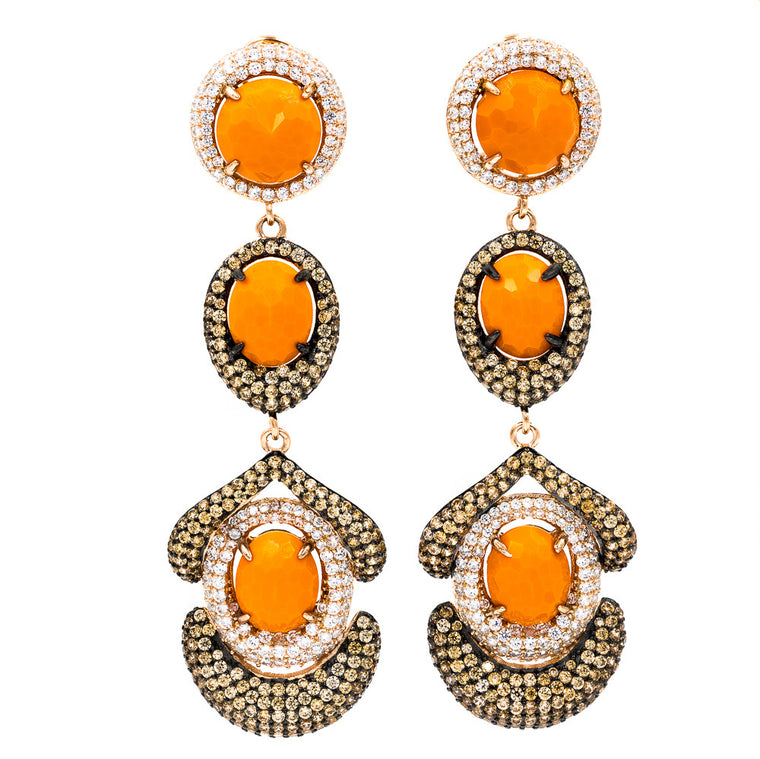 ER2202K-R STERLING SILVER 925 ROSE GOLD PLATED FACETED ORANGE CRYSTALS DROP EARRINGS