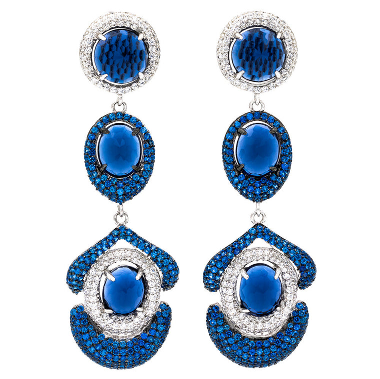 ER2202N STERLING SILVER 925 RHODIUM PLATED FINISH FACETED SAPPHIRE COLOR CRYSTALS DROP EARRINGS