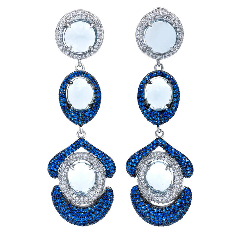 ER2202WN STERLING SILVER 925 RHODIUM PLATED FINISH FACETED LIGHT BLUE CRYSTALS DROP EARRINGS