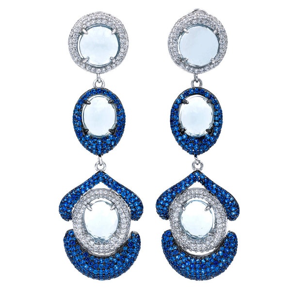 ER2202WN STERLING SILVER 925 RHODIUM PLATED FACETED LIGHT BLUE CRYSTALS DROP EARRINGS