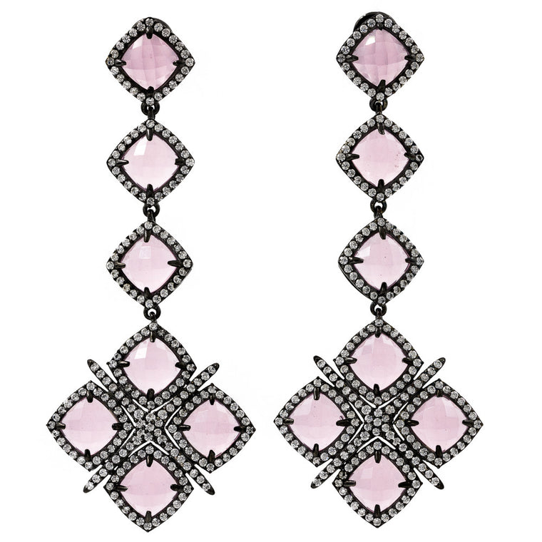 ER2201I-B STERLING SILVER 925 BLACK RHODIUM PLATED FINISH ROSE QUARTZ FANCY DROP EARRINGS