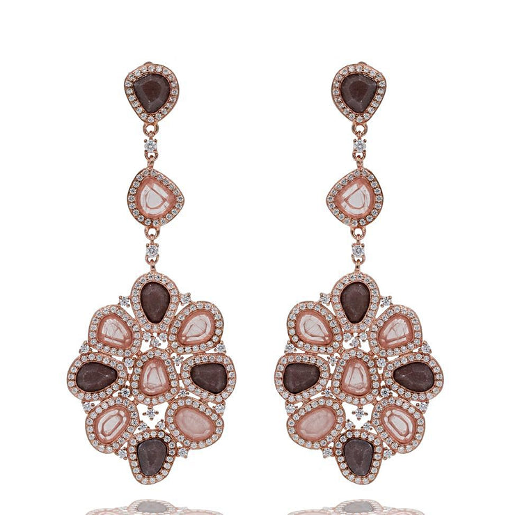 ER2213PI-R STERLING SILVER 925 ROSE GOLD PLATED FINISH AVENTURINE AND SMOKEY QUARTZ FANCY DROP EARRINGS