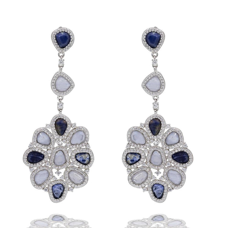 ER2213TN STERLING SILVER 925 RHODIUM PLATED FINISH BLUE LACE AGATE AND SODALITE FANCY DROP EARRINGS