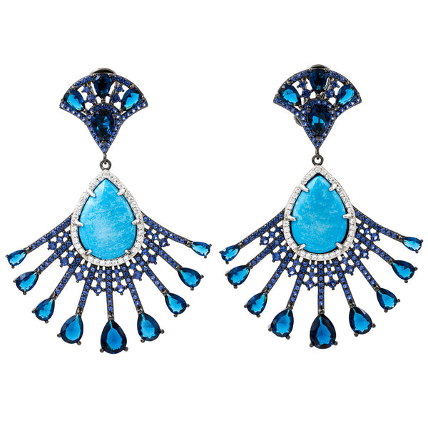 ER2218QF-R STERLING SILVER 925 BLACK RHODIUM PLATED FINISH TURQUOISE FANCY DROP EARRINGS