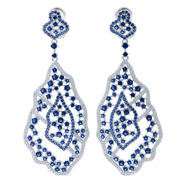 ER2220WN STERLING SILVER 925 RHODIUM PLATED SAPPHIRE COLOR CZ FANCY DROP EARRINGS
