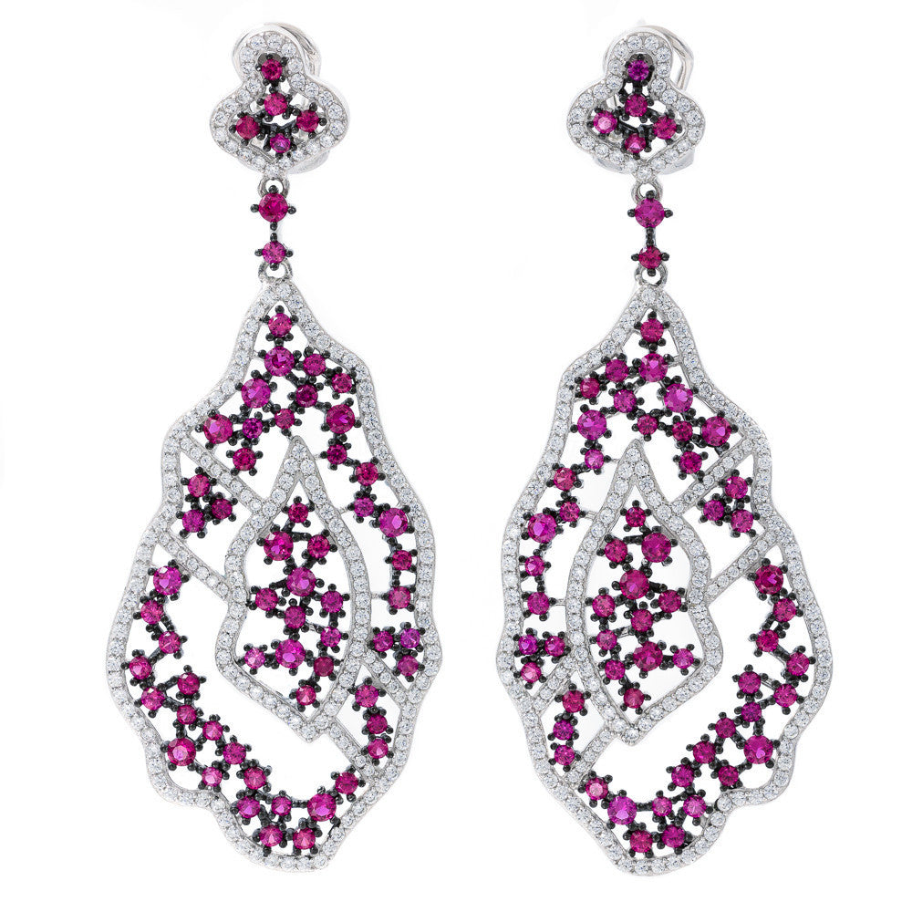 ER2220WR STERLING SILVER 925 RHODIUM PLATED RUBY COLOR CZ FANCY DROP EARRINGS