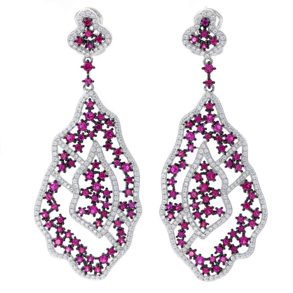 ER2220WR STERLING SILVER 925 RHODIUM PLATED RUBY COLOR CZ FANCY DROP EARRINGS