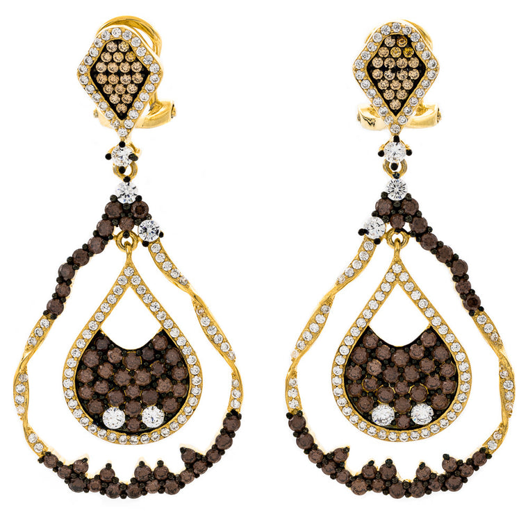 ER2221WF-G STERLING SILVER 925 GOLD PLATED FINISH CHOCOLATE COLOR CZ ELEGANT FANCY DROP EARRINGS