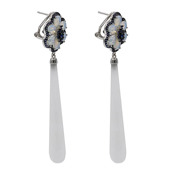 ER2223TQ STERLING SILVER 925 RHODIUM PLATED FINISH MOONSTONE AND WHITE AGATE FANCY DROP EARRINGS
