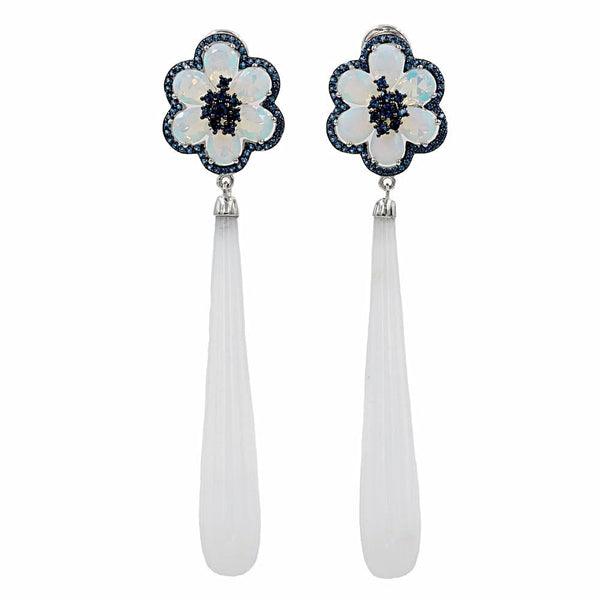 ER2223TQ STERLING SILVER 925 RHODIUM PLATED FINISH MOONSTONE AND WHITE AGATE FANCY DROP EARRINGS